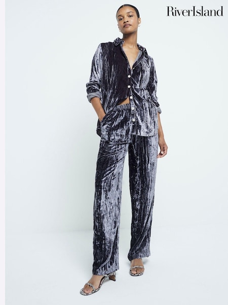 River Island Grey Velvet Wide Leg 100% Cotton Trousers (AL3173) | 198 QAR