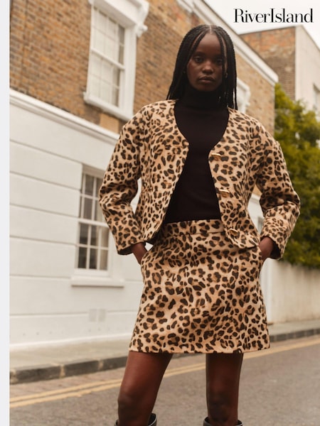 River Island Brown Leopard Scuplted Cocoon Jacket (AL3176) | €98