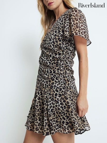 River Island Leopard Ruched V-Neck Chiffon Mini Dress (AL3180) | ‏134 د.إ.‏