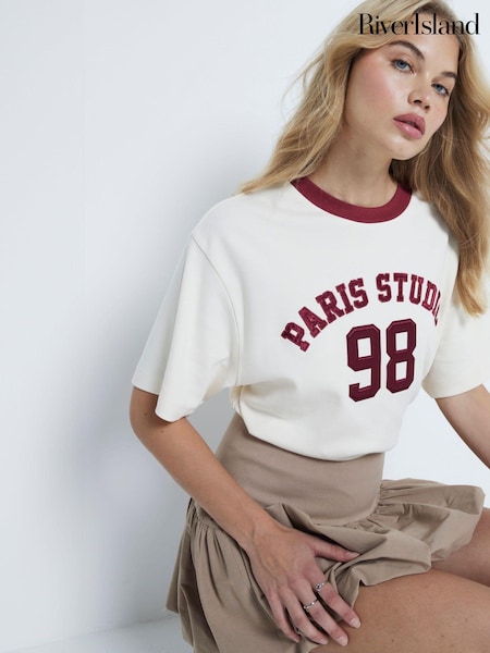 River Island Cream "Paris Studio" 100% Cotton T-Shirt (AL3182) | €19