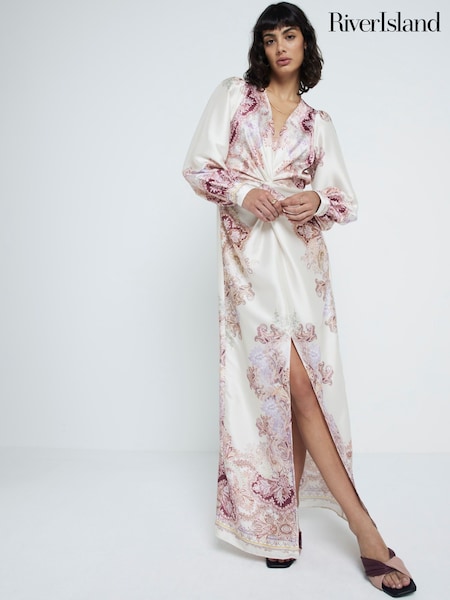 River Island Cream Twist Front Printed V Neck Maxi Dress (AL3307) | 297 QAR