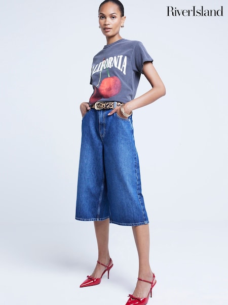River Island Grey Cherry Graphic 100% Cotton Crew T-Shirt (AL3308) | €15.50