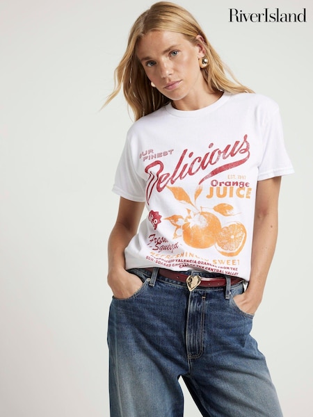 River Island White Fruit 100% Cotton Graphic T-Shirt (AL3312) | AED73