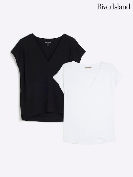 River Island Black/White Chrome Multipack Smart V-Neck T-Shirts 2 Pack (AL3319) | €46