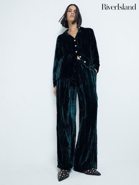 River Island Green Velvet Wide Leg 100% Cotton Trousers (AL3325) | €25