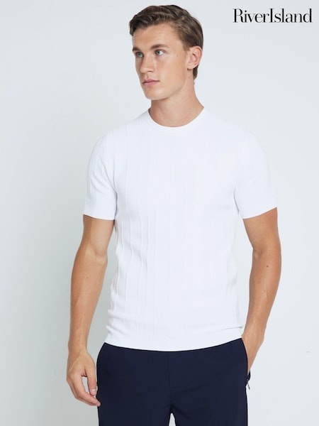 River Island White Herringbone Muscle Fit Knit T-Shirt (AL3353) | AED73