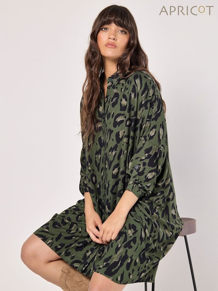 Apricot Green Cheetah Batwing High Low Shirt Dress (AL3372) | €44