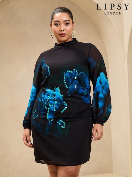 Lipsy Black Curve Sequin Floral Printed Long Sleeve Shift Mini Dress (AL3781) | 210 QAR