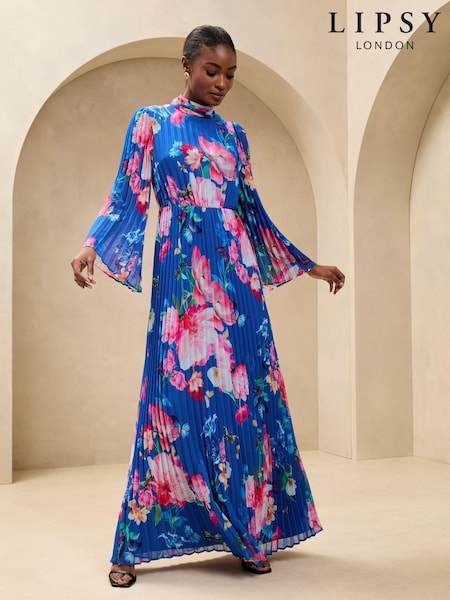 Lipsy Cobalt Blue Floral Printed High Neck Long Sleeve Pleated Maxi Dress (AL3783) | €166