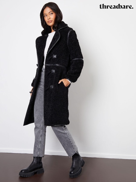 Threadbare Black Longline Borg Toggle Coat With PU Trim (AL3788) | ₪397
