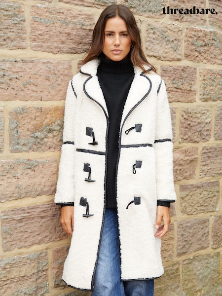 Threadbare Natural Longline Borg Toggle Coat With PU Trim (AL3798) | ₪397