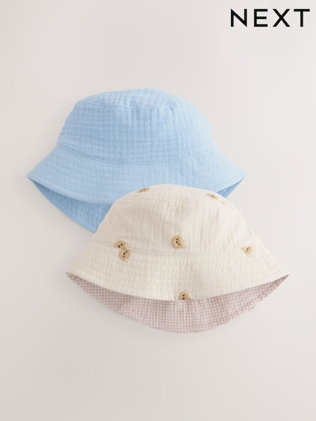 Albastru/neutru cu broderie urs - 100% bumbac Bebeluș Bucket Pălării/Căciuli 2 Pachet (0mths-2yrs) (AL3838) | 104 LEI