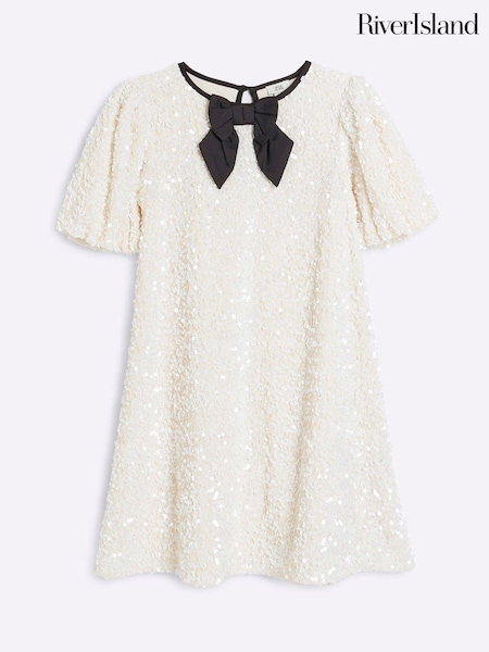 River Island Cream Girls Sequin Velour Shift Dress (AL3877) | €26