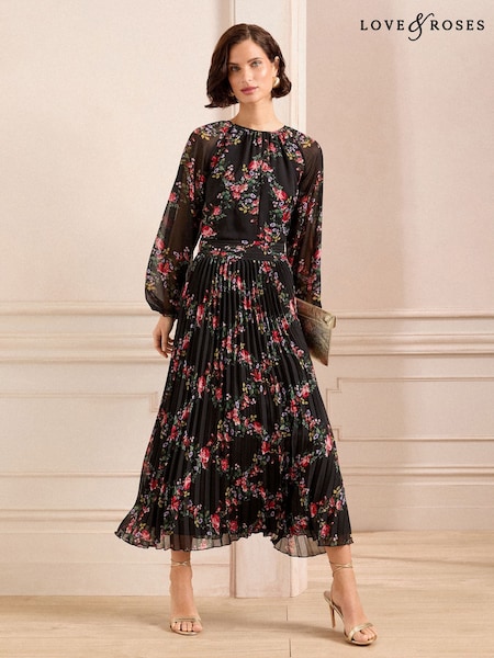 Love & Roses Black Floral Print Midi Dress (AL3986) | $135