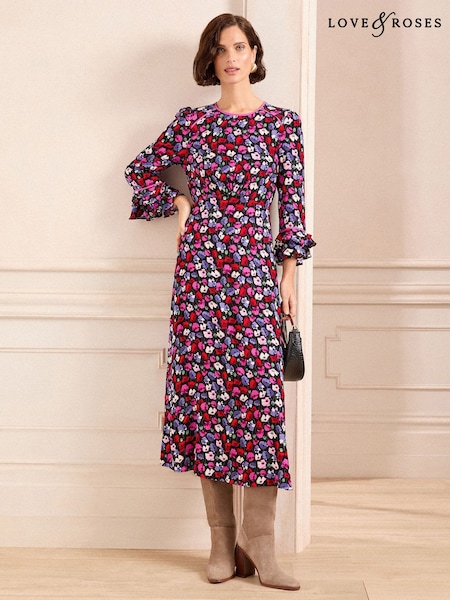 Love & Roses Black Floral Ruffle Sleeve Midi Dress (AL3991) | €84