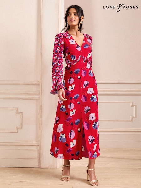 Love & Roses Red V-Neck Ruffle Midi Dress (AL3997) | $111