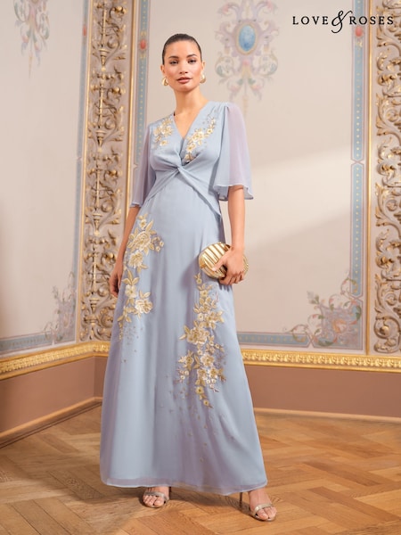 Love & Roses Blue Petite Embroidered Angel Sleeve Maxi Dress (AL4001) | $238
