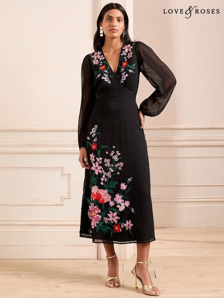 Negru cu flori - Rochie midi Love & Roses cu mâneci transparente brodate (AL4004) | 397 LEI