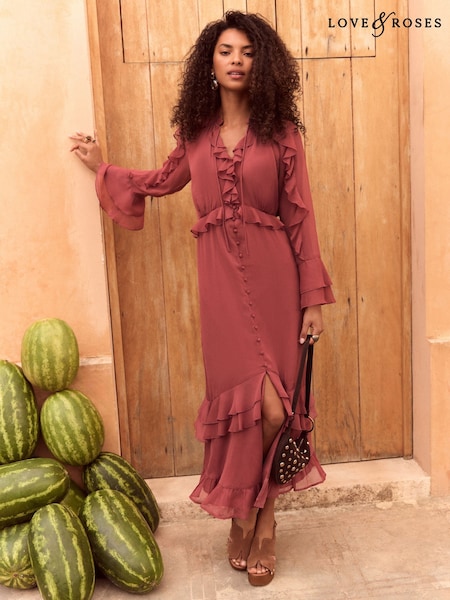 Love & Roses Pink Ruffle Tiered Midi Dress (AL4008) | $118
