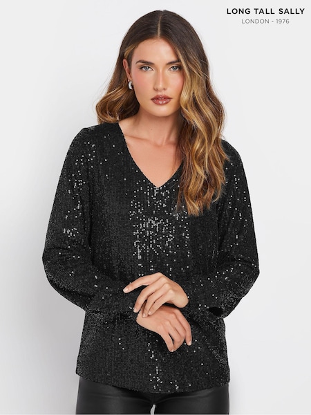 Long Tall Sally Sequin V-Neck Long Sleeve Top (AL4035) | 196 LEI