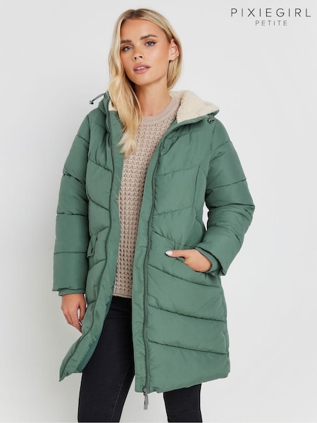 PixieGirl Petite Green Borg Hooded Midi Padded Coat (AL4050) | ₪402