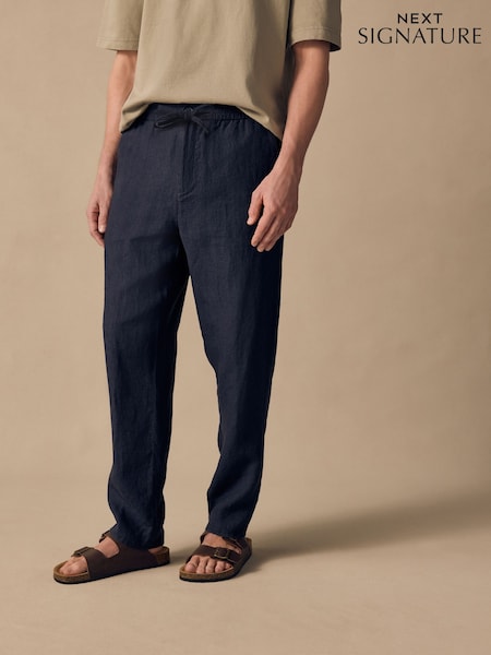 Navy Regular Tapered Fit 100% Linen Signature Elasticated Waist Drawstring Trousers (AL4198) | €53
