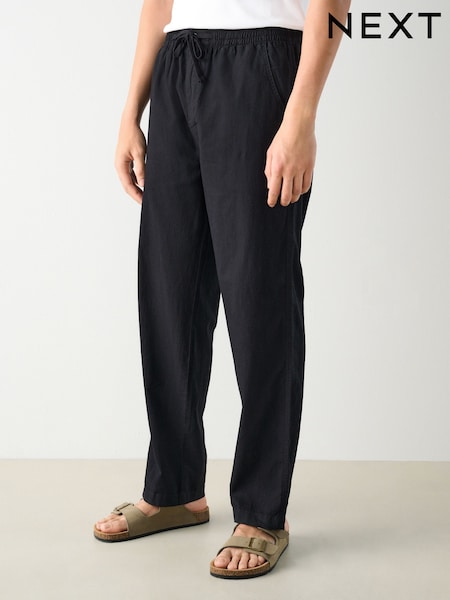Black Relaxed Fit Linen Cotton Elasticated Waist Drawstring Trousers (AL4204) | €41