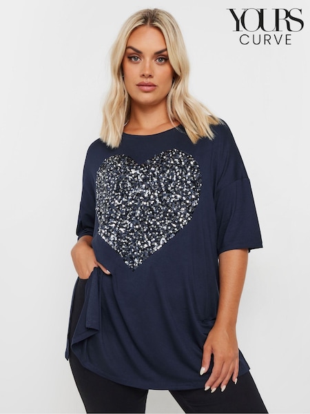 Yours Curve Blue Heart Embellished T-Shirt (AL4505) | $42