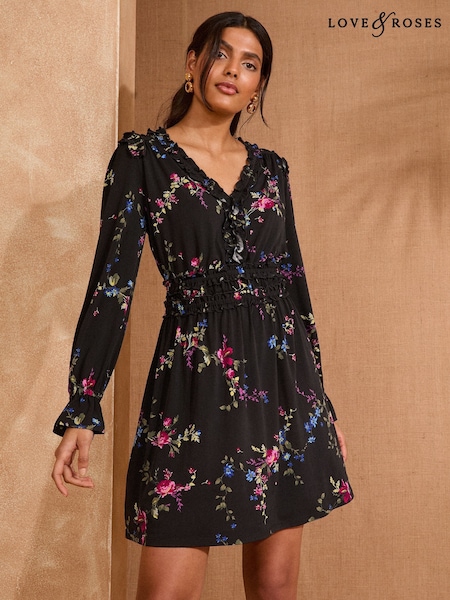 Love & Roses Black Floral Jersey Frill Detail V-Neck Long Sleeve Midi Dress (AL4529) | $79
