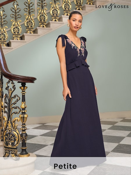 Love & Roses Navy Petite Embroidered Ruffle Tie Detail V-Neck Maxi Dress (AL4533) | $170