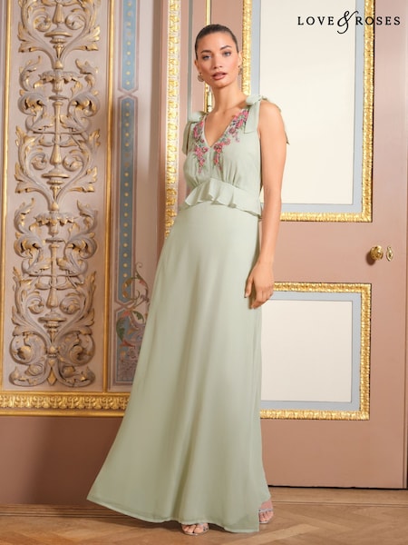 أخضر - Love & Roses Embroidered Ruffle Tie Detail V-neck Maxi Dress (AL4534) | ‏54 ر.ع.‏