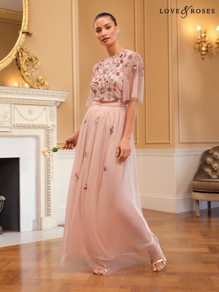 Love & Roses Pink Petite Embroidered Angel Sleeve Maxi Dress (AL4536) | $255