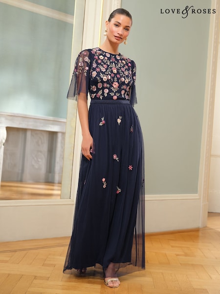 Love & Roses Navy Embroidered Angel Sleeve Maxi Dress (AL4537) | $255