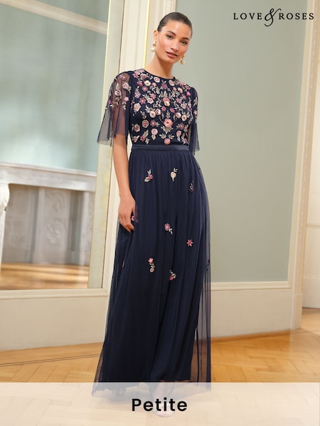 Love & Roses Navy Petite Embroidered Angel Sleeve Maxi Dress (AL4538) | $255
