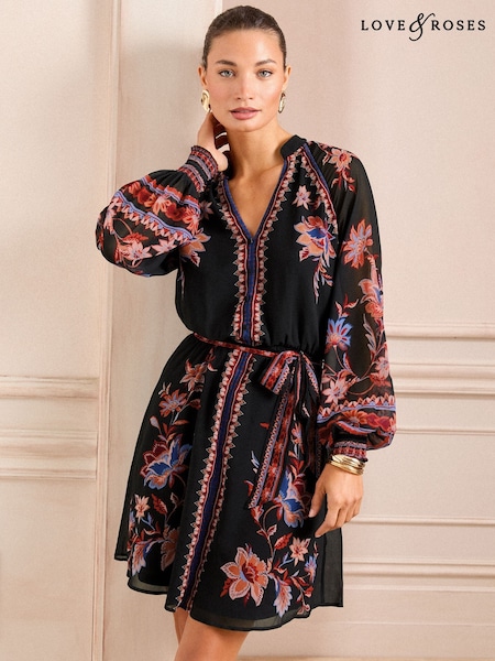 Love & Roses Black Floral Petite Woodblock Notch Neck Belted Mini Dress (AL4544) | $101