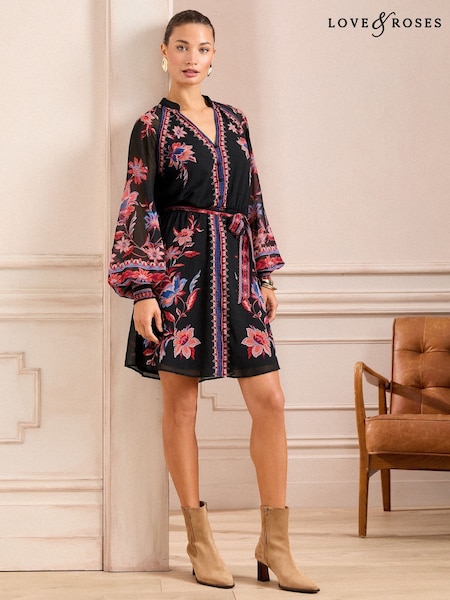Love & Roses Black Floral Mini Shirt Dress (AL4546) | $101