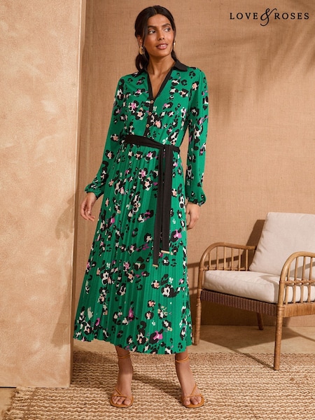 Love & Roses Jersey Pleated Long Sleeve Midi Dress (AL4547) | 417 LEI