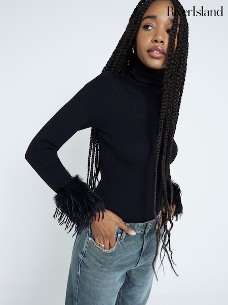 River Island Black Faux Feather Cuff Knitted Top (AL4592) | AED102