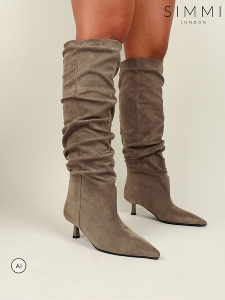 Brun - Simmi London Brundle Knähöga Ruched Kitten Heeled Stövlar
