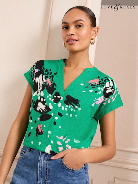 Vihreä Elänkuosi - Love & Roses V-kaula-aukko Jersey T-paita (AL4854) | €44