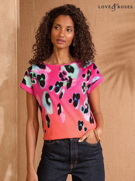Imprimeu animal cu efect ombre roz - Tricou Love & Roses Tricou la baza gâtului Jerseu (AL4865) | 194 LEI