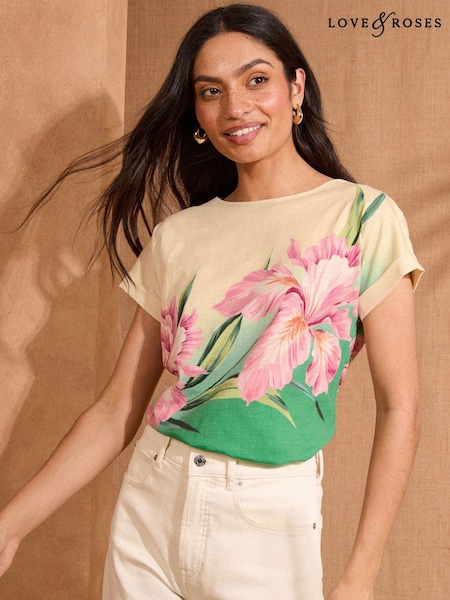 Vihreä Liukuväri Kukallinen  - Love & Roses Pyöreä kaula-aukko Jersey T-paita (AL4866) | €41