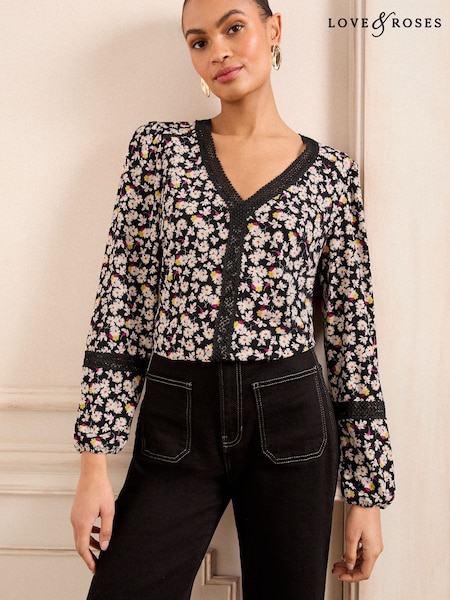 Love & Roses Monochrome Floral Petite Printed Jersey V-Neck Lace Trim Long Sleeve Blouse (AL4870) | €43