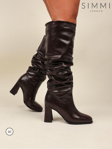 Brown - Simmi London Kennedy Knee High Ruched Block Heeled Boots