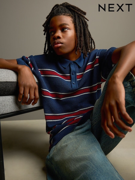Navy Blue 100% Cotton Short Sleeve Stripe Knitted Polo Shirt (3-16yrs) (AL4955) | €20 - €28