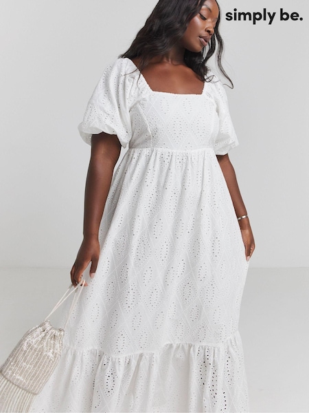 Simply Be White Square Neck Broderie Maxi 100% Cotton Dress (AL5001) | €46