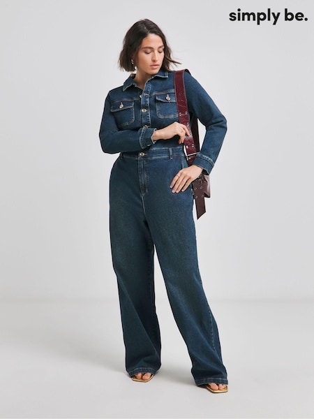 Simply Be Dark Wash Wide Leg Denim Boilersuit (AL5076) | 307 LEI