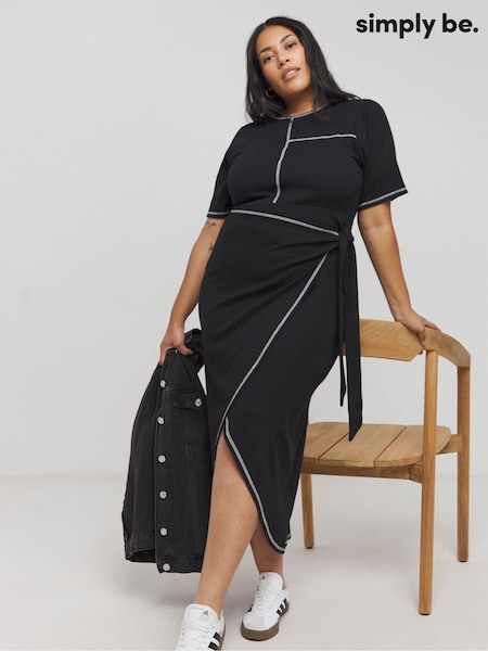 Simply Be Black Exposed Seam Short Sleeve Wrap Dress (AL5085) | AED147
