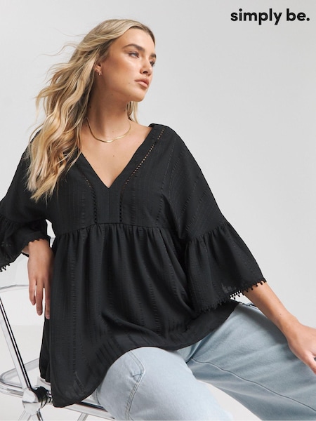 Simply Be Black Textured V-Neck Ruffle Smock Top (AL5119) | ₪146