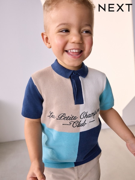 Blue/Ecru 100% Cotton Hotchpotch Short Sleeve Knitted Polo Shirt (3mths-7yrs) (AL5123) | 535 UAH - 618 UAH